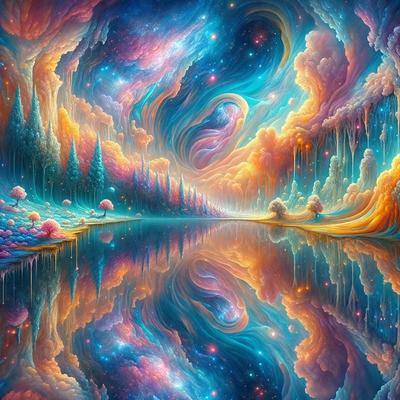 The primary subject of the image is a beautifully painted landscape featuring a river, trees, and a sky filled with stars. The setting is a serene, natural environment with a sense of tranquility. The visual style is a combination of digital art and illustration, creating a vibrant and colorful scene. The colors and mood are predominantly blue and purple, giving the image a calming and peaceful atmosphere.